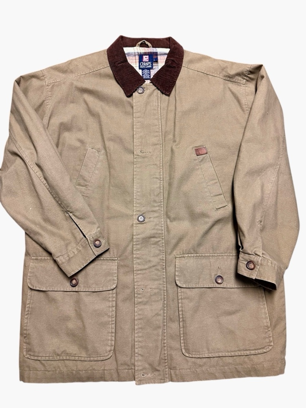 Chaps by Ralph Lauren Vintage Men’s Tan Canvas Coat with Brown Corduroy Collar L